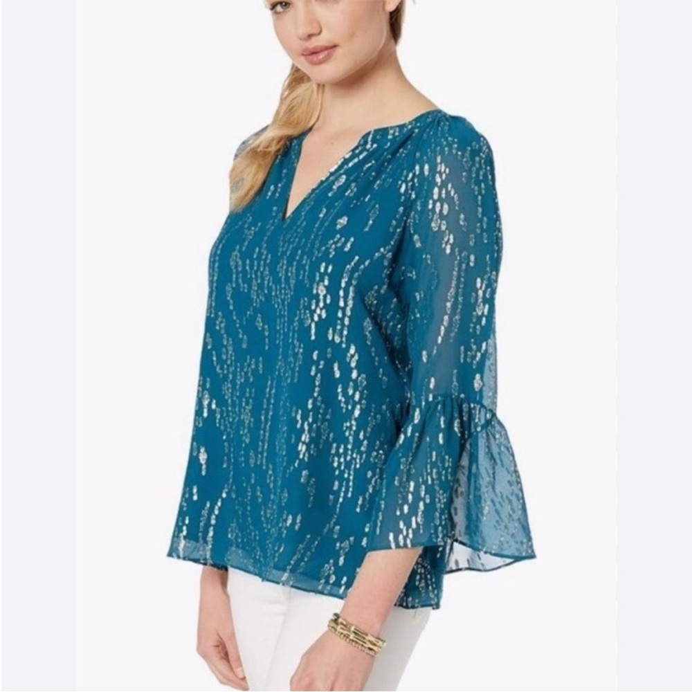 Lilly Pulitzer Matilda Silk Blouse Inky Tidal Fish Clip Chiffon